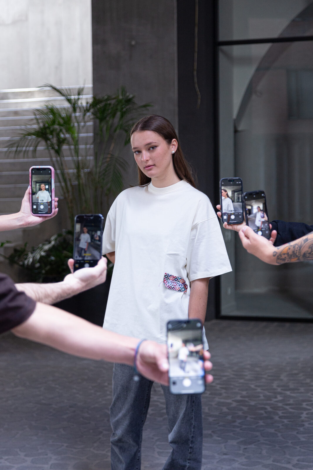 Cream tee with embroidered patch — phones lookbook